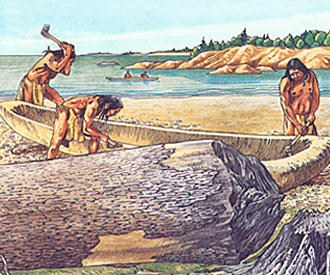 Illustration : Hommes archa&iuml;qu fabriquant une pirogue 
